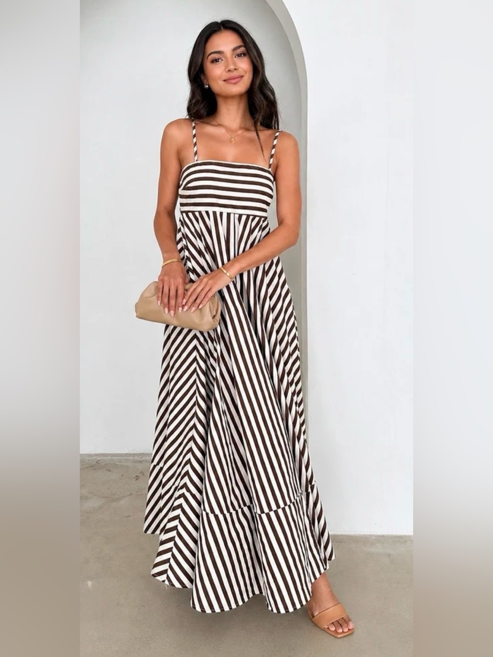 Commense Striped Pleated Cami Long Dress in Light Brown